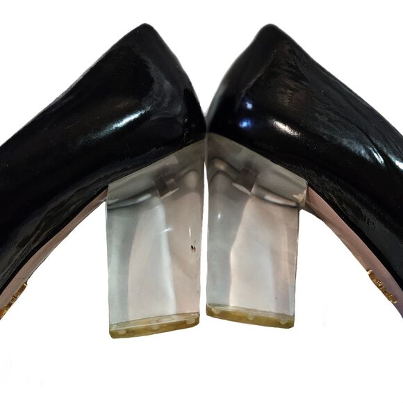 Prada Black Patent Leather Peep Toe 3" Lucite Block Heels, EU Size 37 or US 6.5 - Picture 9 of 12